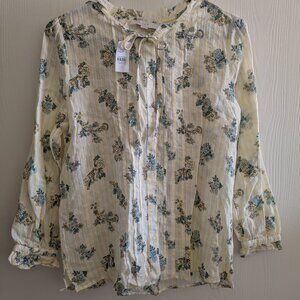 LOFT Women's Button Down Floral Print Bow Neck  3/4 Sleeve Blouse Size Small NWT